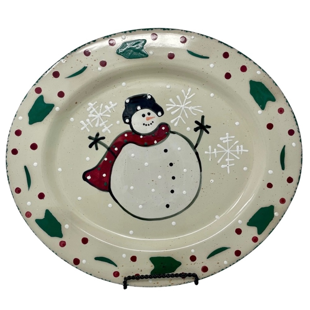 WCL Ceramic Snowman Platter Winter Holidays Snowflakes Paint Splatter 14” Oval